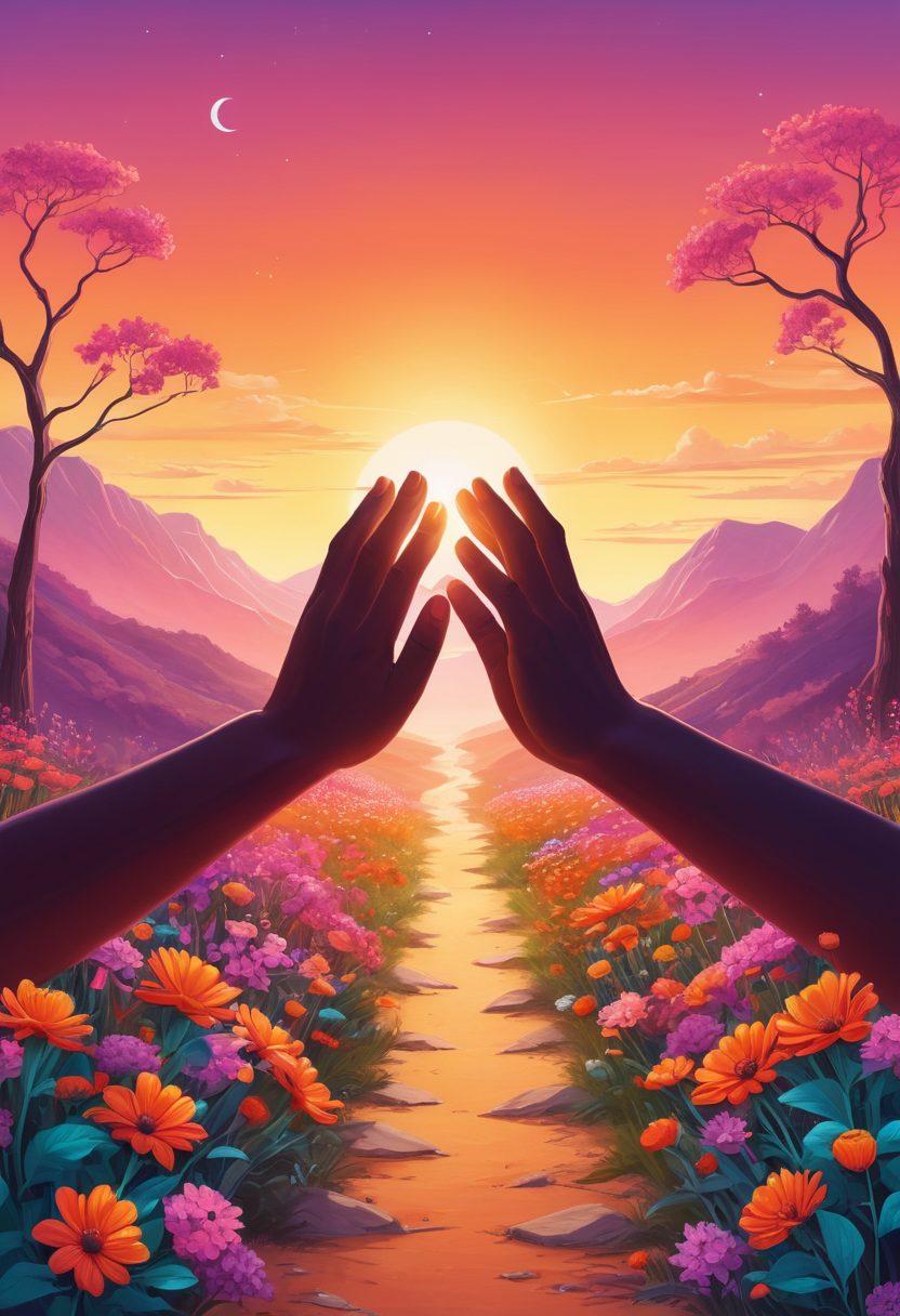 An abstract representation of a journey, featuring a diverse group of individuals exploring a vibrant path filled with symbols of intimacy and connection. Include elements like blooming flowers to symbolize growth, intertwined hands representing companionship, and soft glowing lights indicating enlightenment. The background should depict a gradient sunset, transitioning from generic to vibrant colors, illustrating transformation and evolution. whimsical art style. vibrant colors. warm tones.