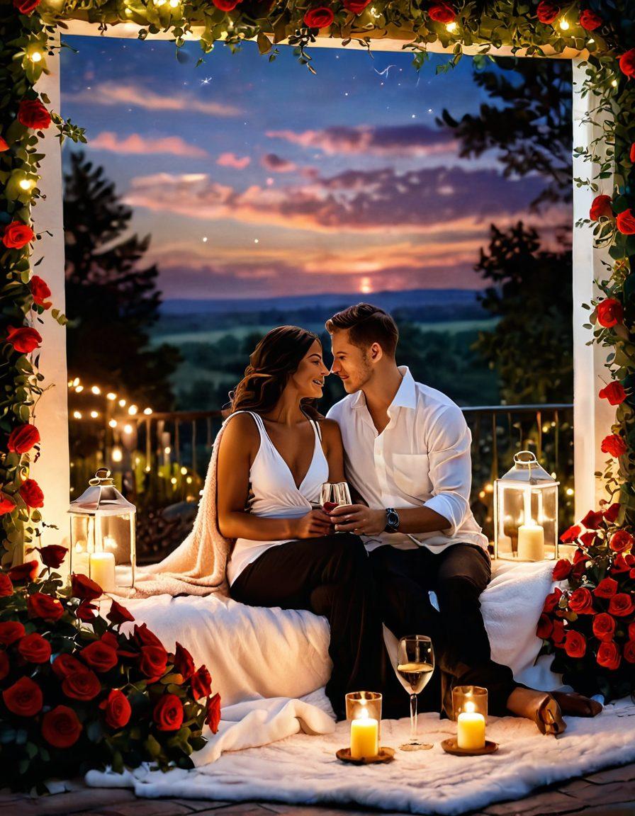 A romantic setting featuring a couple sharing a deep, intimate moment surrounded by soft candlelight and lush roses, emphasizing joy and connection. Include elements like glasses of wine, a cozy blanket, and gentle, warm lighting to evoke a sense of elation. The backdrop should feature a serene twilight sky with twinkling stars. super-realistic. vibrant colors. soft focus.